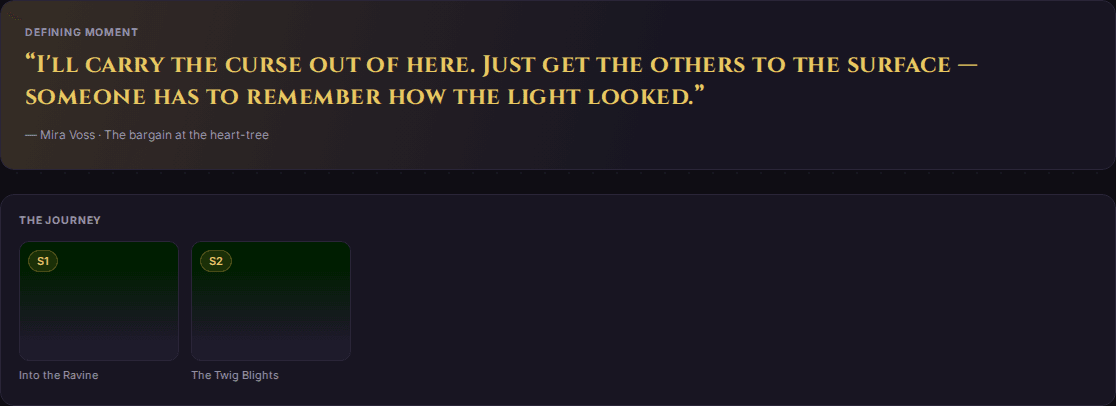A campaign recap in QuestMaster: the defining moment of the session quoted, and the two sessions so far.